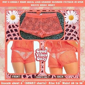 FESTIVAL READY NWT S NEON CORAL CROCHET SEMI SHEER - SHEER SHORT SHORTS FOR FUN